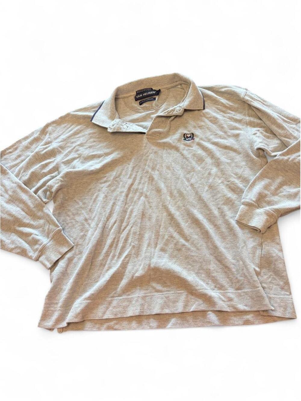 Vintage 90s Van Heusen Long Sleeve Polo Shirt - Heather Gray Crest Logo